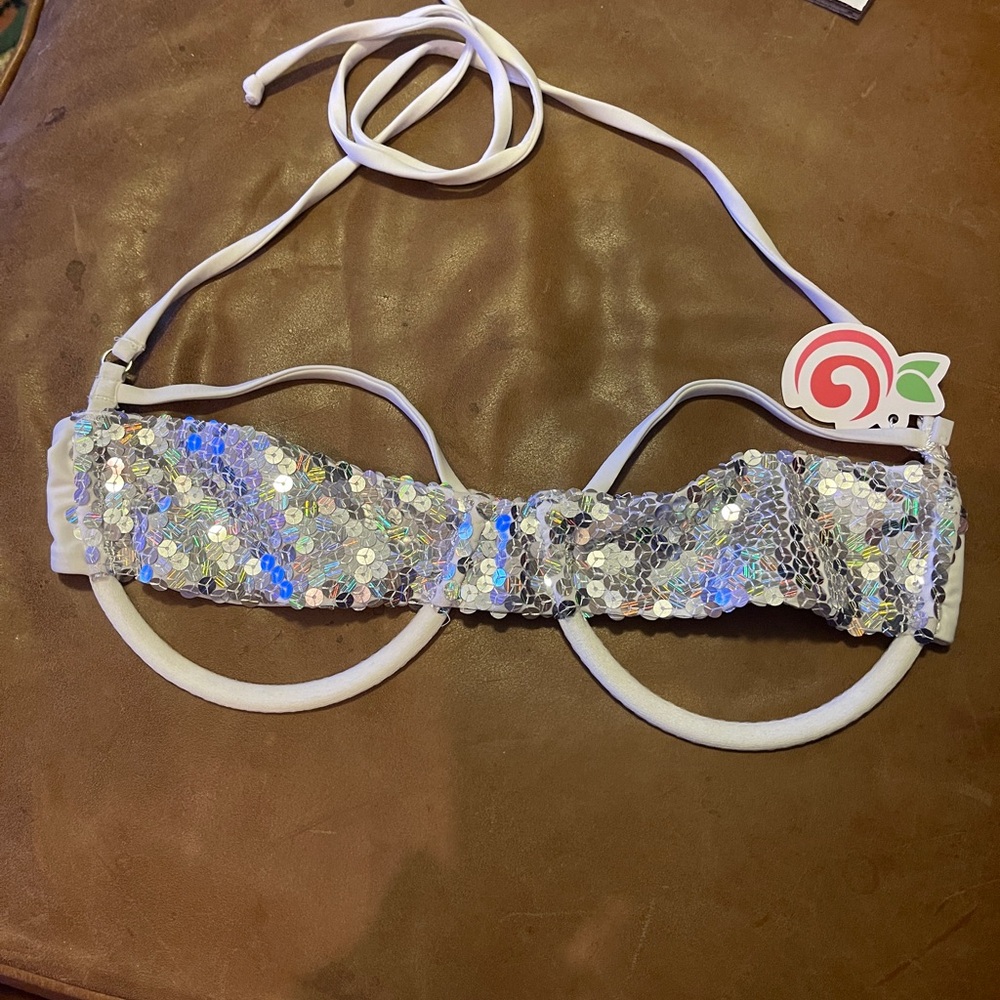 Silver and White Sequin Bikini Top with Bandeau Design